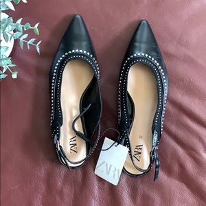 NWT ZARA Black Studded Flats with Heel Strap
